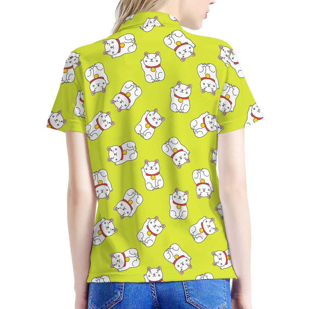 Japanese Lucky Cat Cartoon Print Women's Polo Shirt
