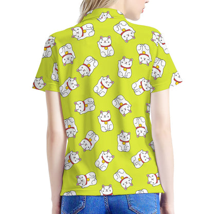 Japanese Lucky Cat Cartoon Print Women's Polo Shirt