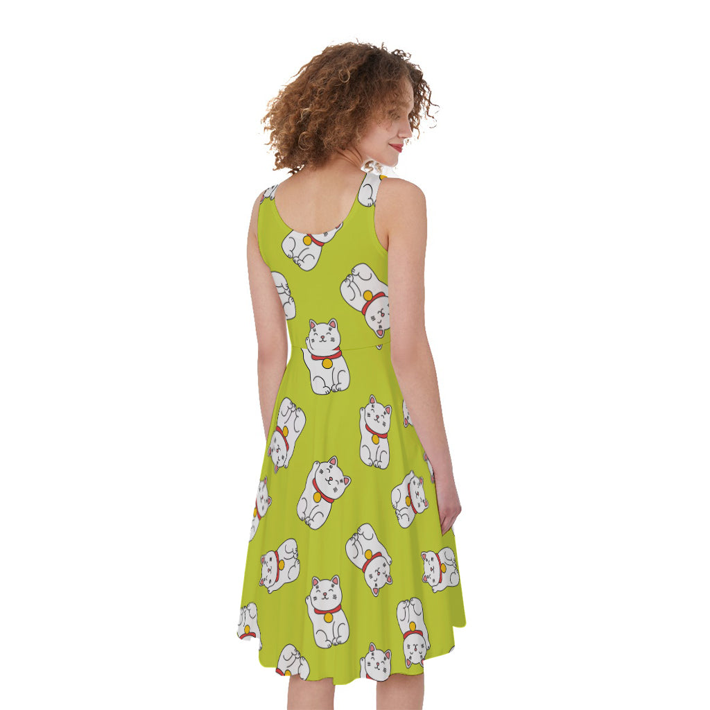 Japanese Lucky Cat Cartoon Print Women's Sleeveless Dress