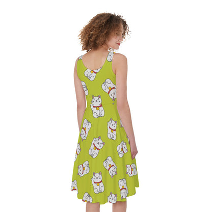 Japanese Lucky Cat Cartoon Print Women's Sleeveless Dress