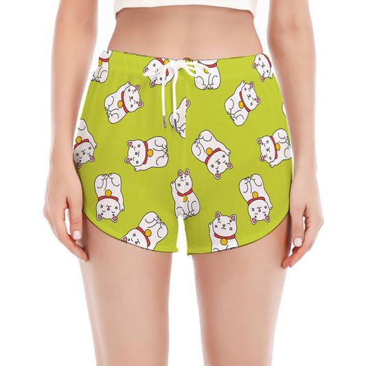 Japanese Lucky Cat Cartoon Print Women's Split Running Shorts