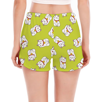 Japanese Lucky Cat Cartoon Print Women's Split Running Shorts