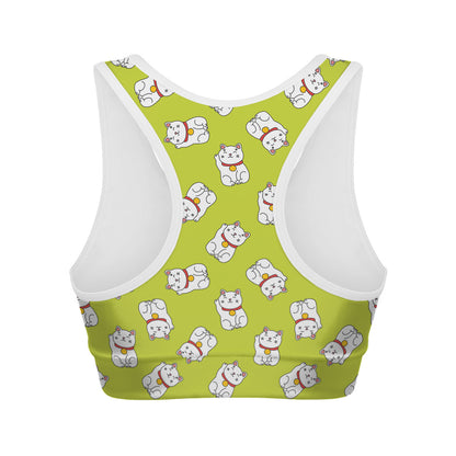 Japanese Lucky Cat Cartoon Print Women's Sports Bra