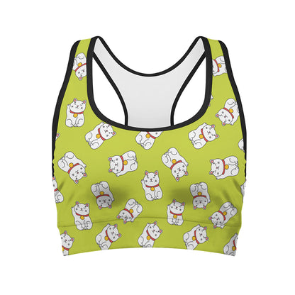 Japanese Lucky Cat Cartoon Print Women's Sports Bra