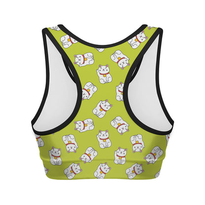 Japanese Lucky Cat Cartoon Print Women's Sports Bra