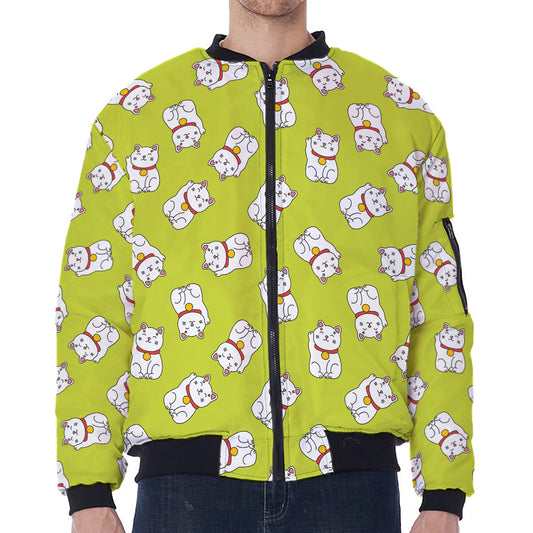 Japanese Lucky Cat Cartoon Print Zip Sleeve Bomber Jacket