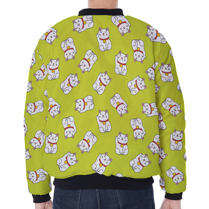 Japanese Lucky Cat Cartoon Print Zip Sleeve Bomber Jacket