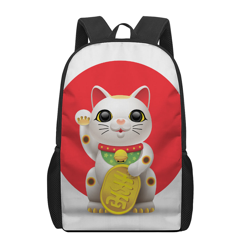 Japanese Lucky Cat Maneki Neko Print 17 Inch Backpack