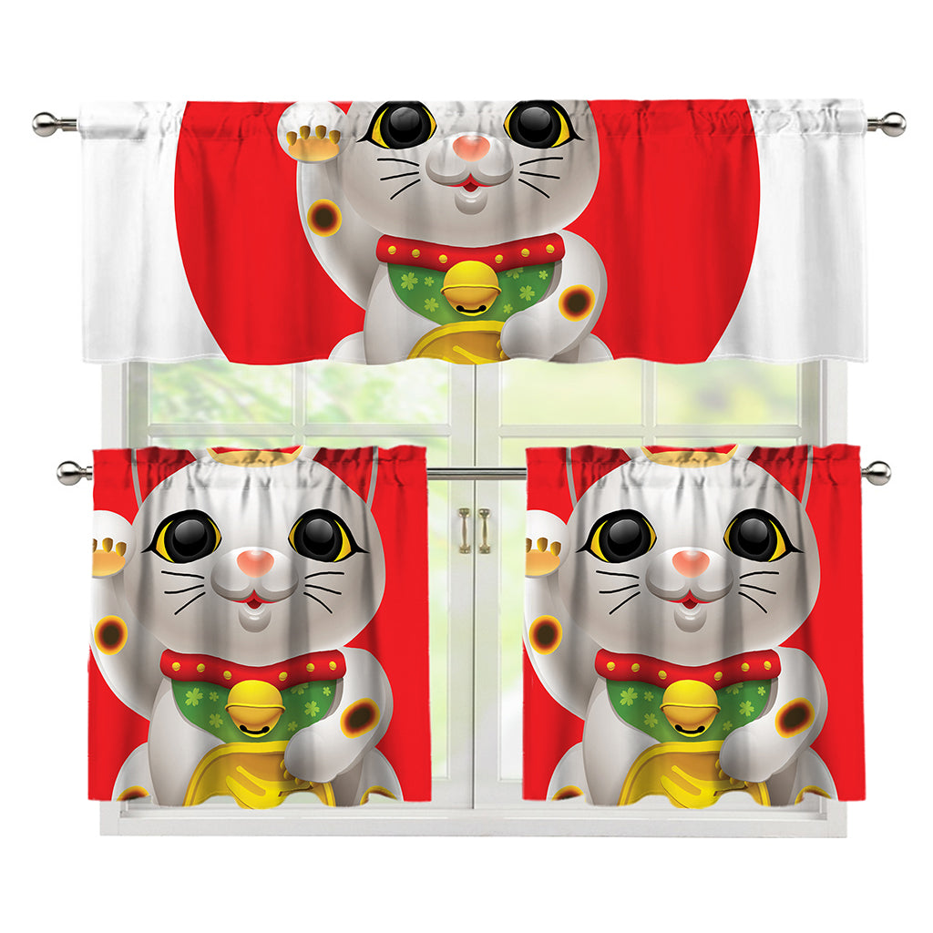 Japanese Lucky Cat Maneki Neko Print 3 Piece Kitchen Curtains