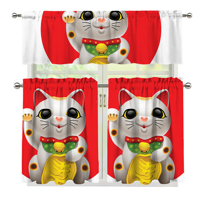 Japanese Lucky Cat Maneki Neko Print 3 Piece Kitchen Curtains