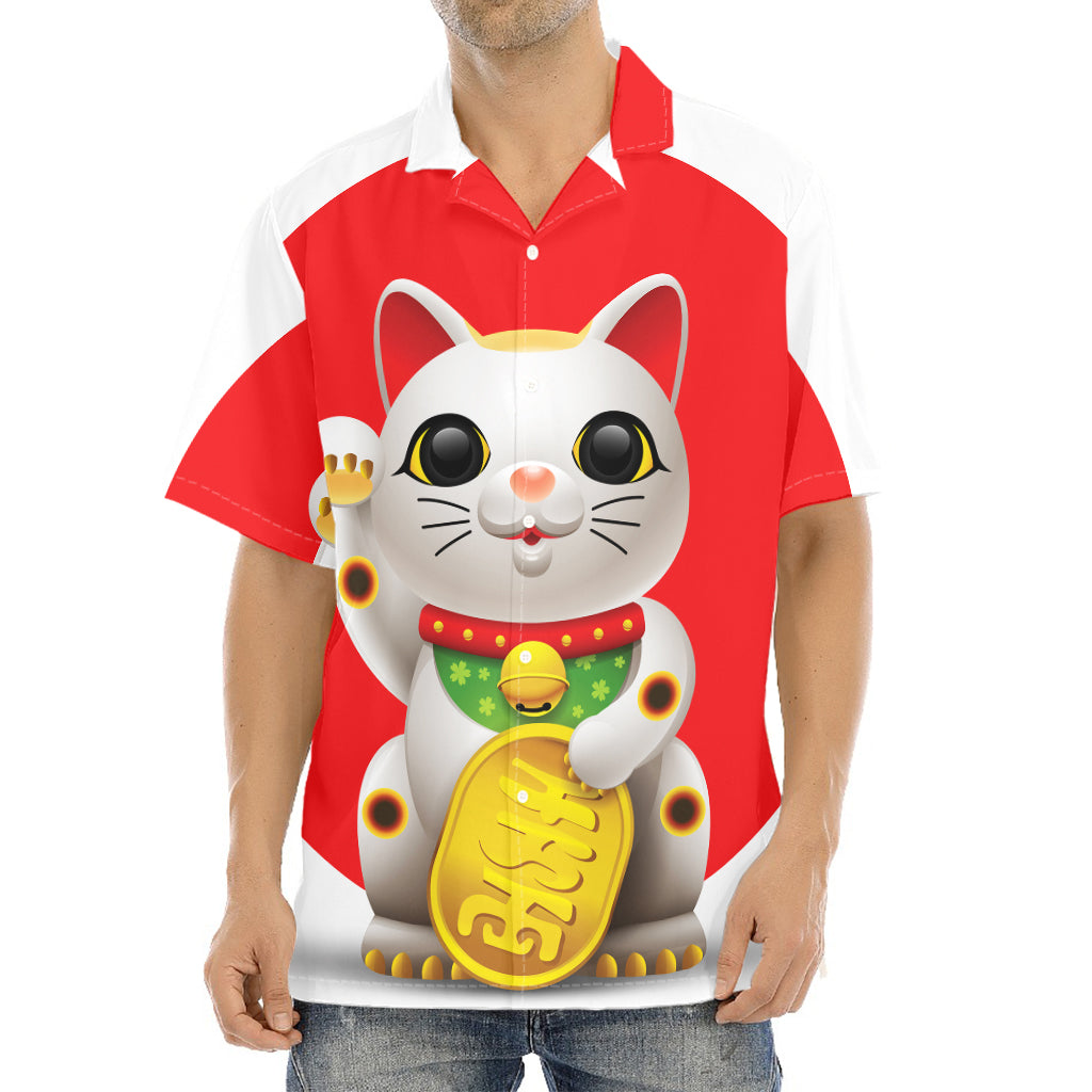Japanese Lucky Cat Maneki Neko Print Aloha Shirt