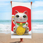 Japanese Lucky Cat Maneki Neko Print Beach Towel