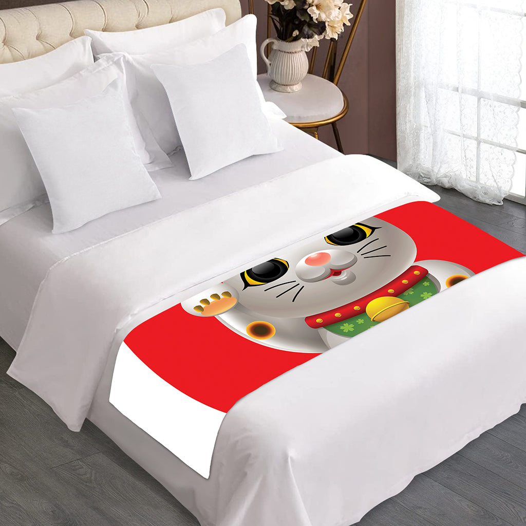 Japanese Lucky Cat Maneki Neko Print Bed Runner