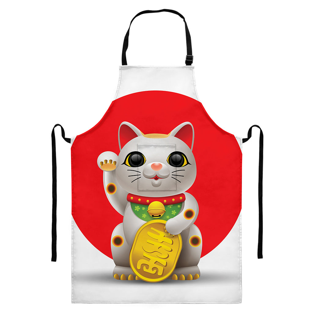 Japanese Lucky Cat Maneki Neko Print Bib Apron With Pocket