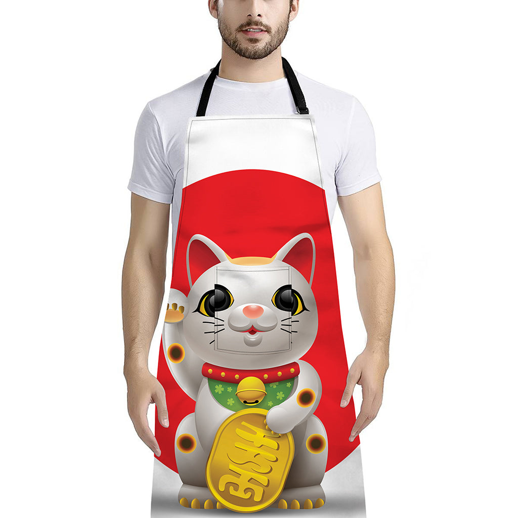 Japanese Lucky Cat Maneki Neko Print Bib Apron With Pocket
