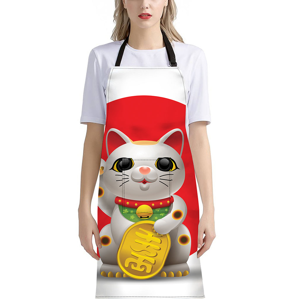 Japanese Lucky Cat Maneki Neko Print Bib Apron With Pocket