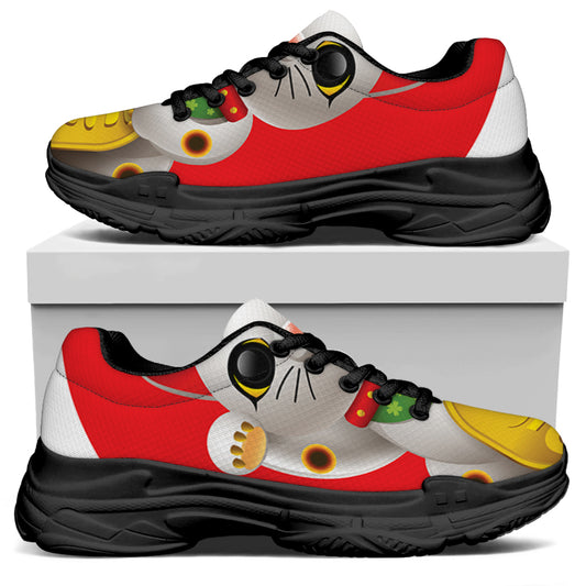 Japanese Lucky Cat Maneki Neko Print Black Chunky Shoes