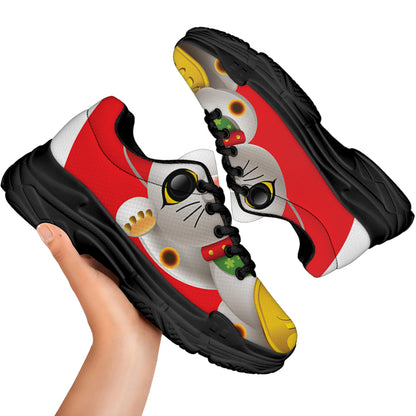 Japanese Lucky Cat Maneki Neko Print Black Chunky Shoes