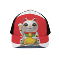 Japanese Lucky Cat Maneki Neko Print Black Mesh Trucker Hat