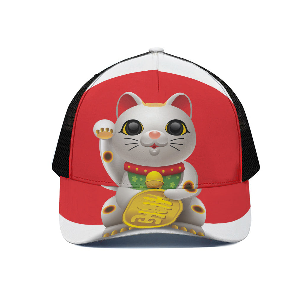 Japanese Lucky Cat Maneki Neko Print Black Mesh Trucker Cap