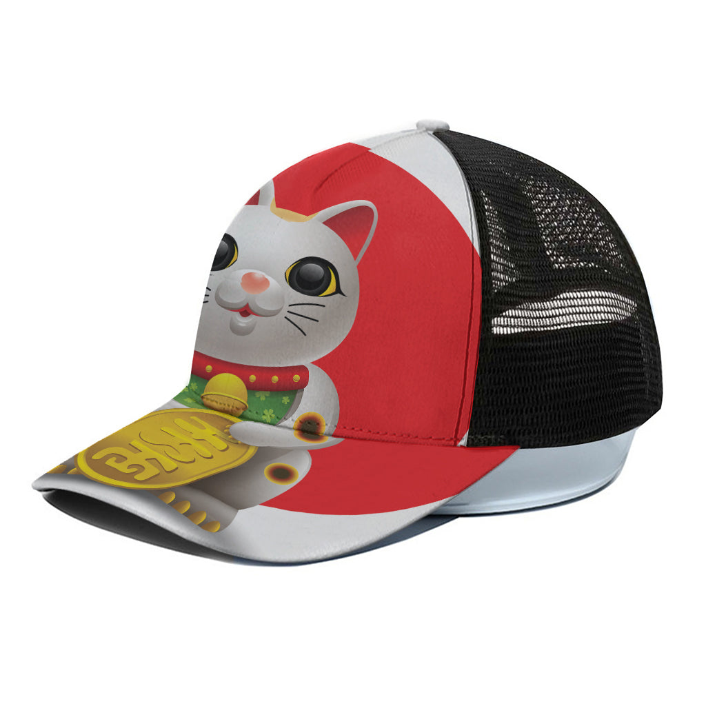 Japanese Lucky Cat Maneki Neko Print Black Mesh Trucker Cap
