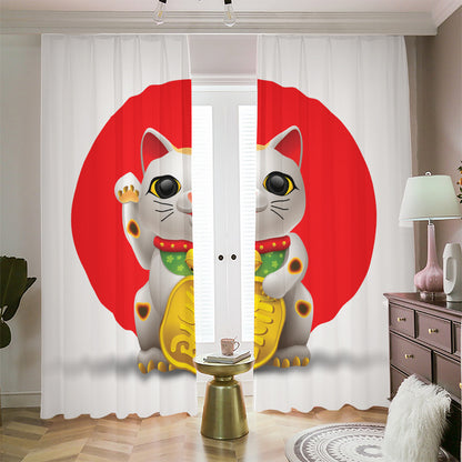 Japanese Lucky Cat Maneki Neko Print Blackout Pencil Pleat Curtains