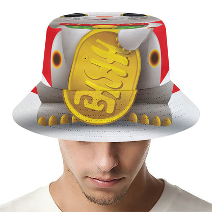 Japanese Lucky Cat Maneki Neko Print Bucket Hat