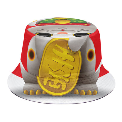 Japanese Lucky Cat Maneki Neko Print Bucket Hat