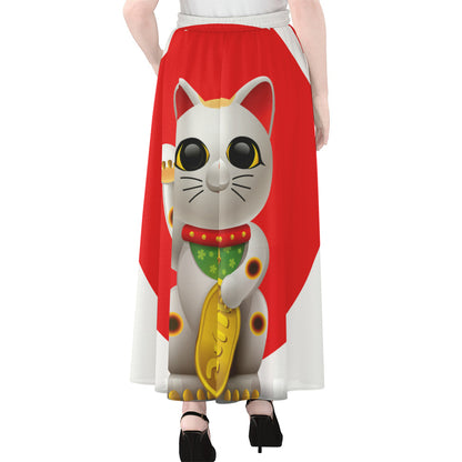 Japanese Lucky Cat Maneki Neko Print Chiffon Maxi Skirt