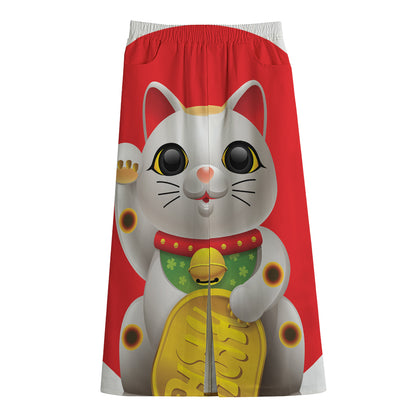 Japanese Lucky Cat Maneki Neko Print Cotton Front Slit Maxi Skirt