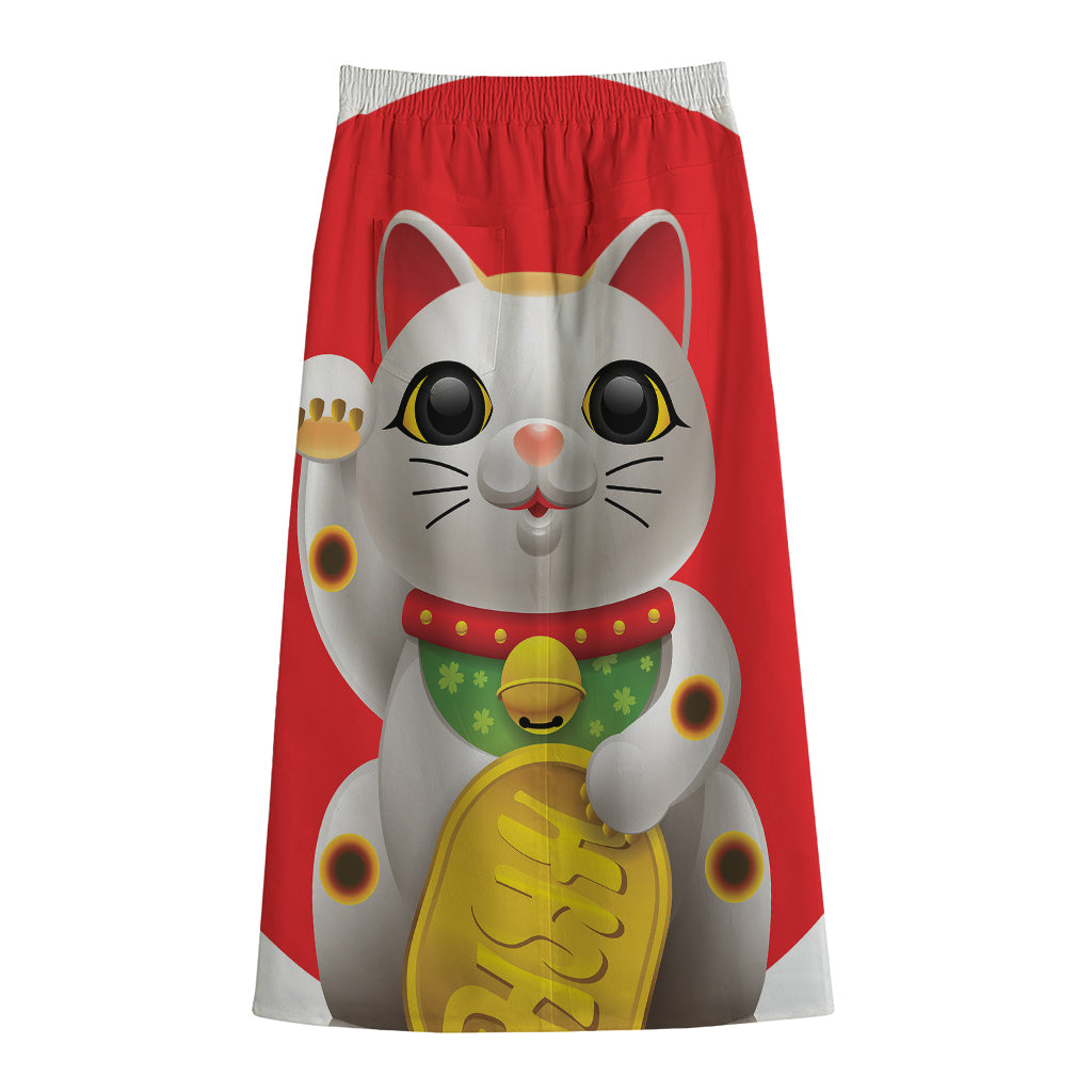 Japanese Lucky Cat Maneki Neko Print Cotton Front Slit Maxi Skirt