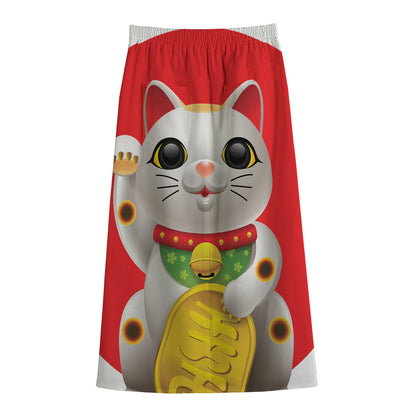 Japanese Lucky Cat Maneki Neko Print Cotton Front Slit Maxi Skirt