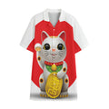 Japanese Lucky Cat Maneki Neko Print Cotton Hawaiian Shirt