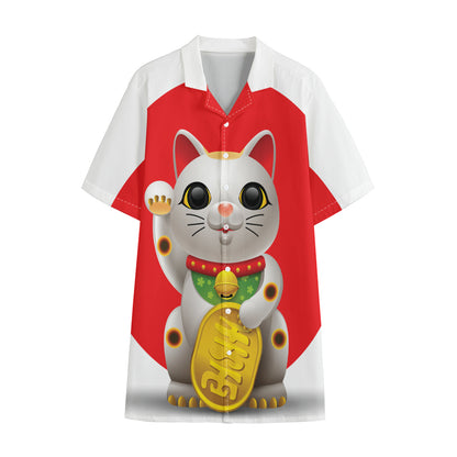 Japanese Lucky Cat Maneki Neko Print Cotton Hawaiian Shirt