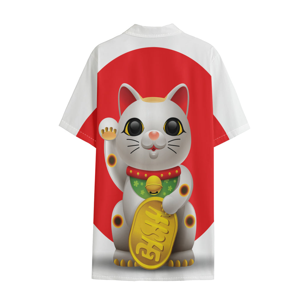 Japanese Lucky Cat Maneki Neko Print Cotton Hawaiian Shirt