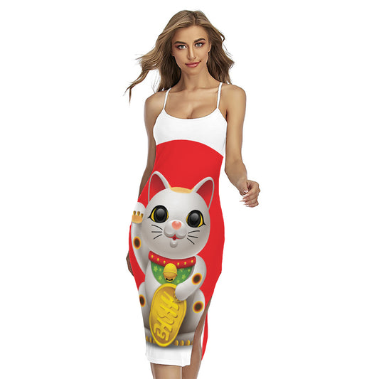 Japanese Lucky Cat Maneki Neko Print Cross Back Cami Dress