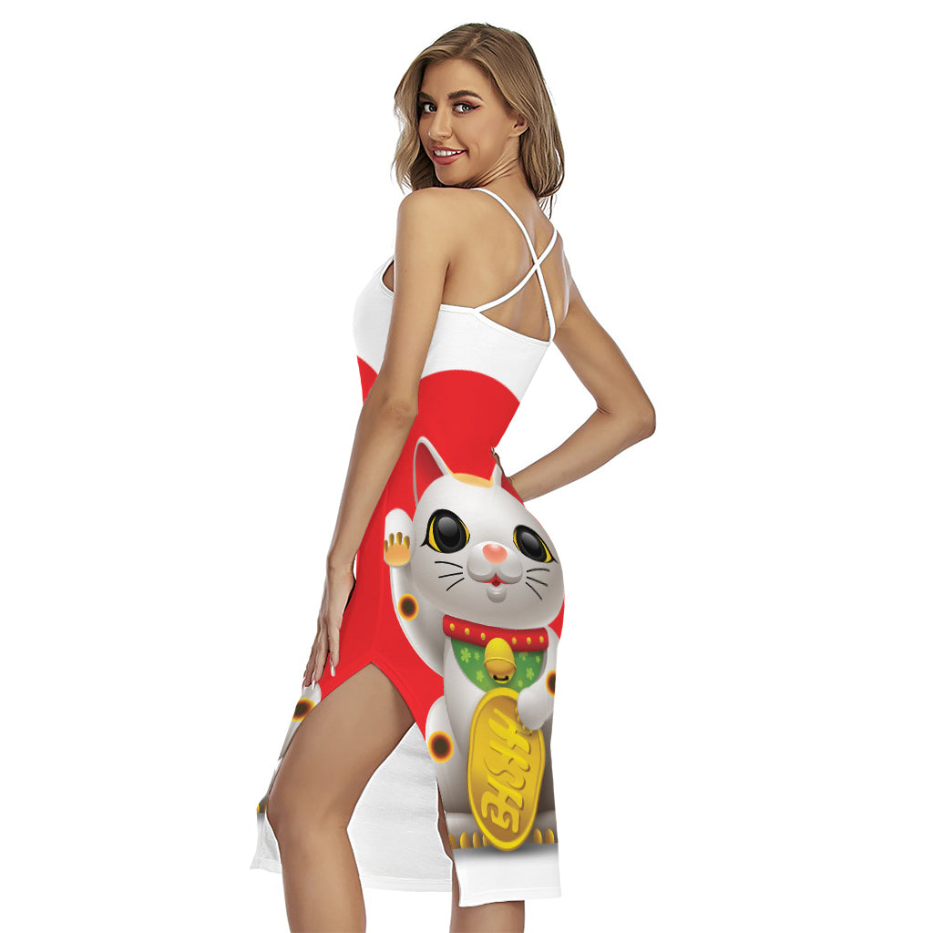 Japanese Lucky Cat Maneki Neko Print Cross Back Cami Dress