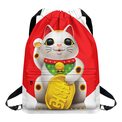 Japanese Lucky Cat Maneki Neko Print Drawstring Backpack