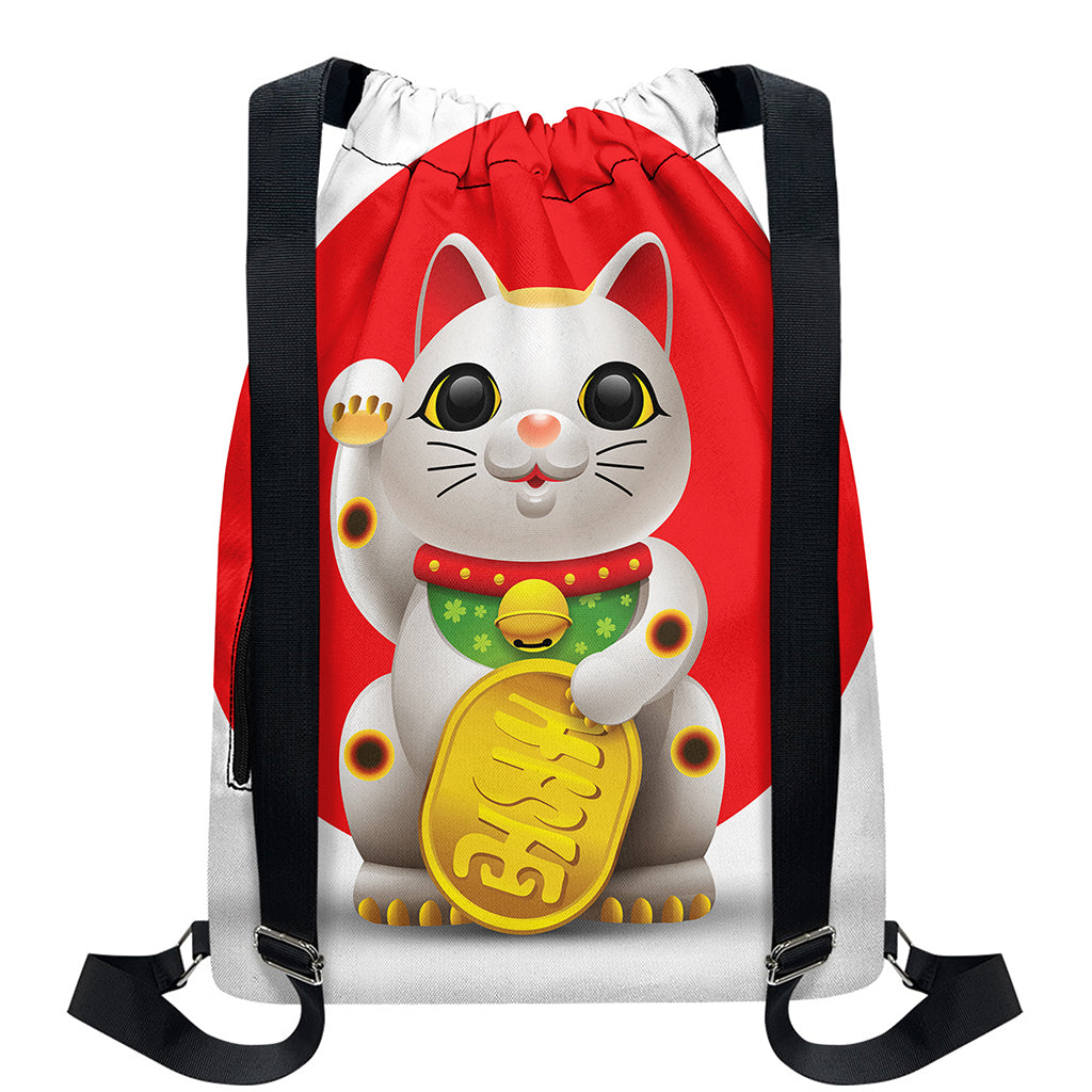 Japanese Lucky Cat Maneki Neko Print Drawstring Backpack