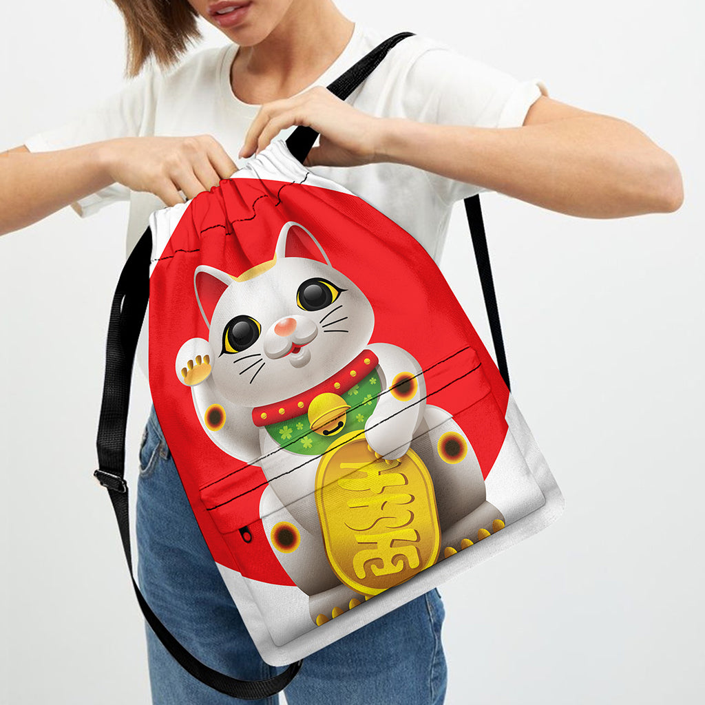 Japanese Lucky Cat Maneki Neko Print Drawstring Backpack