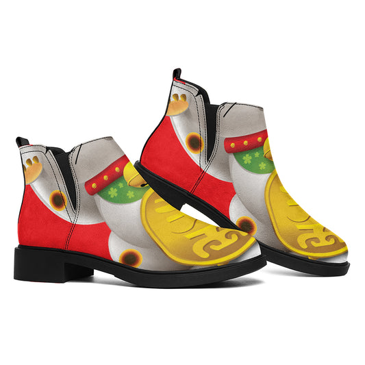 Japanese Lucky Cat Maneki Neko Print Flat Ankle Boots