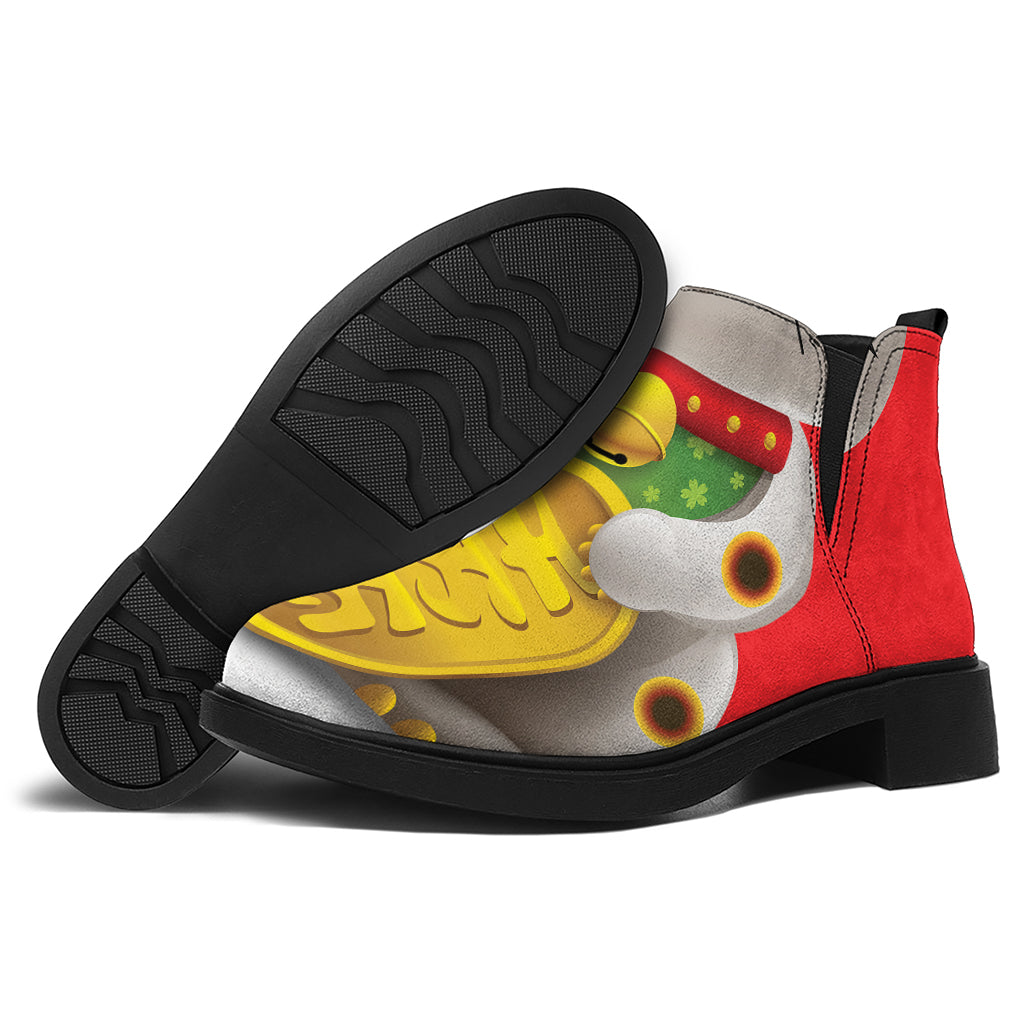 Japanese Lucky Cat Maneki Neko Print Flat Ankle Boots