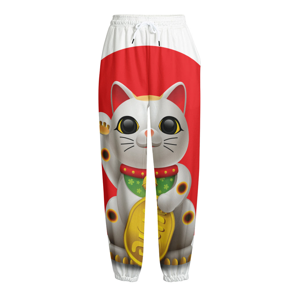 Japanese Lucky Cat Maneki Neko Print Fleece Lined Knit Pants