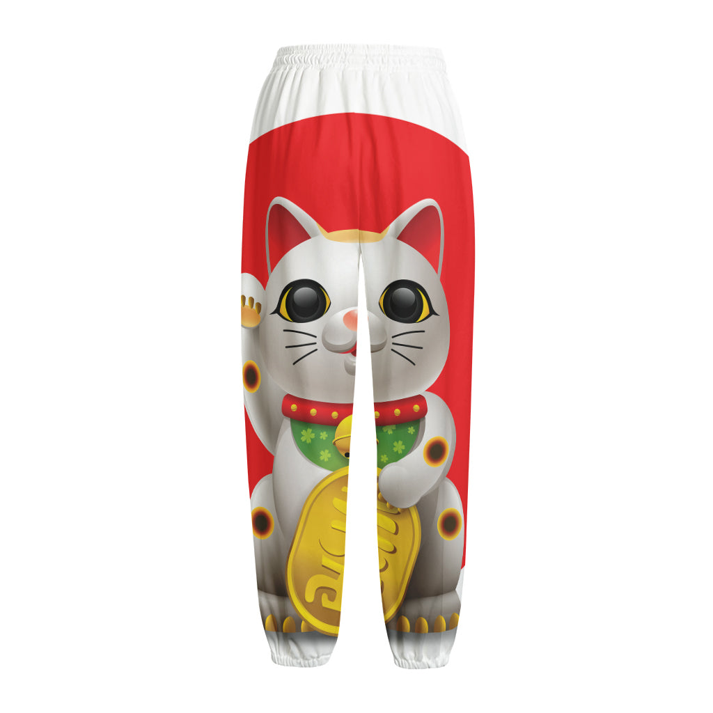 Japanese Lucky Cat Maneki Neko Print Fleece Lined Knit Pants