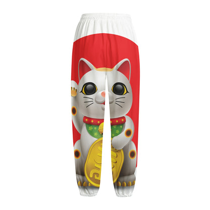 Japanese Lucky Cat Maneki Neko Print Fleece Lined Knit Pants