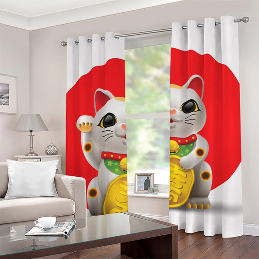 Japanese Lucky Cat Maneki Neko Print Grommet Curtains
