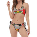 Japanese Lucky Cat Maneki Neko Print Halter Scoop Tie Side Bikini