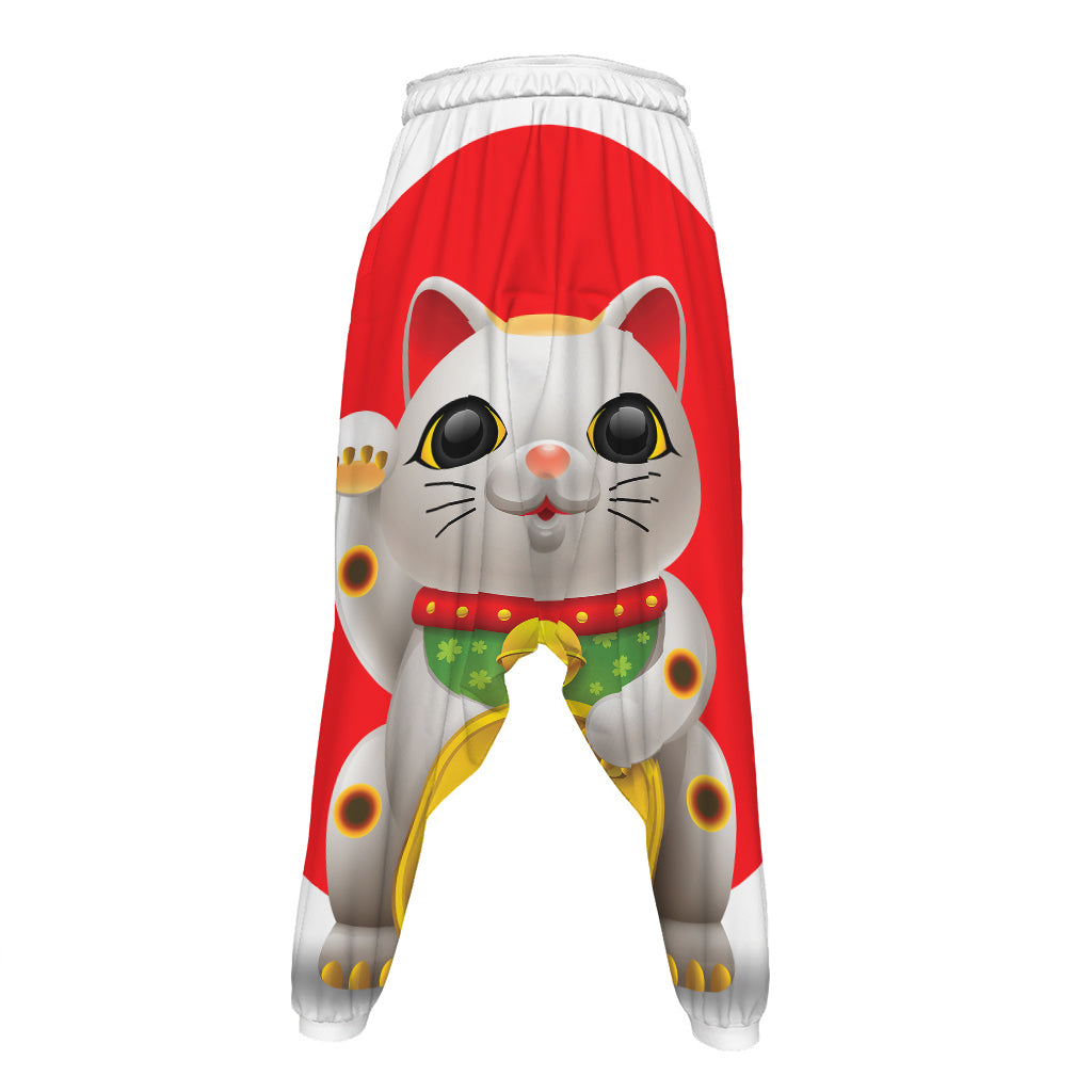 Japanese Lucky Cat Maneki Neko Print Hammer Pants