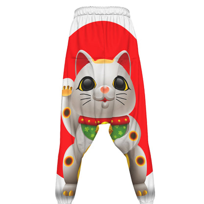 Japanese Lucky Cat Maneki Neko Print Hammer Pants