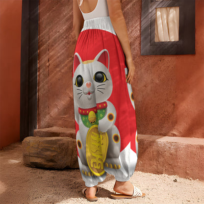 Japanese Lucky Cat Maneki Neko Print Harem Pants